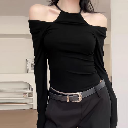 梦优莱黑色挂脖一字肩长袖T恤上衣女早春秋新款内搭显瘦高端打底