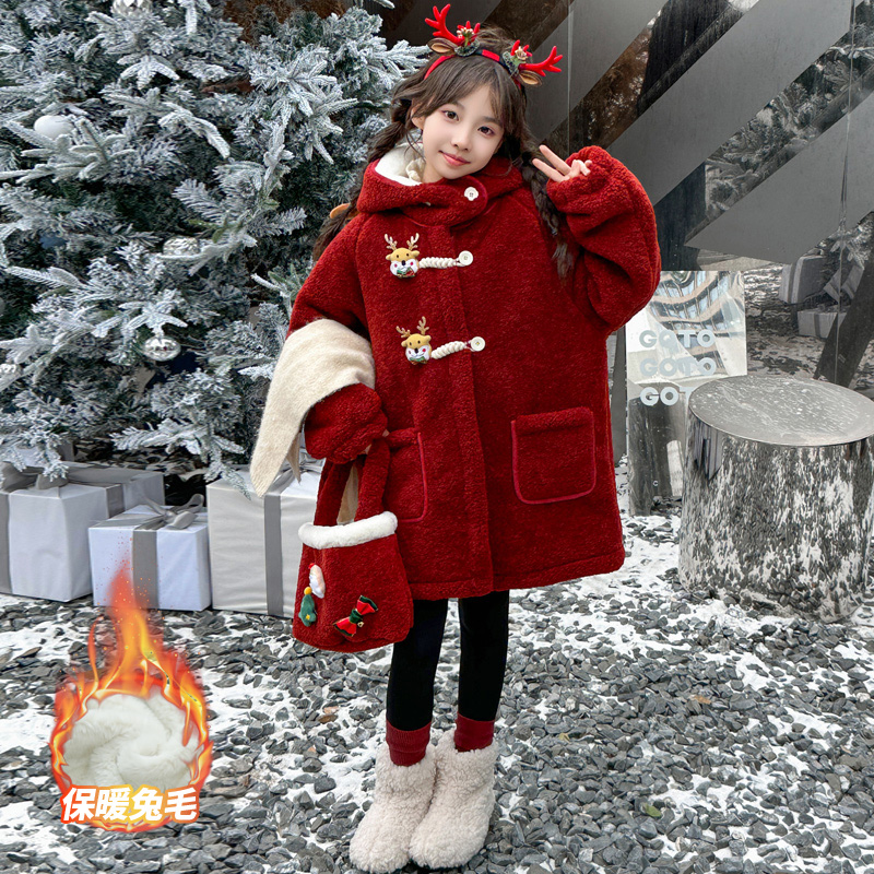 女童外套秋冬款2024新款儿童加厚毛呢大衣冬装洋气大童女孩拜年服