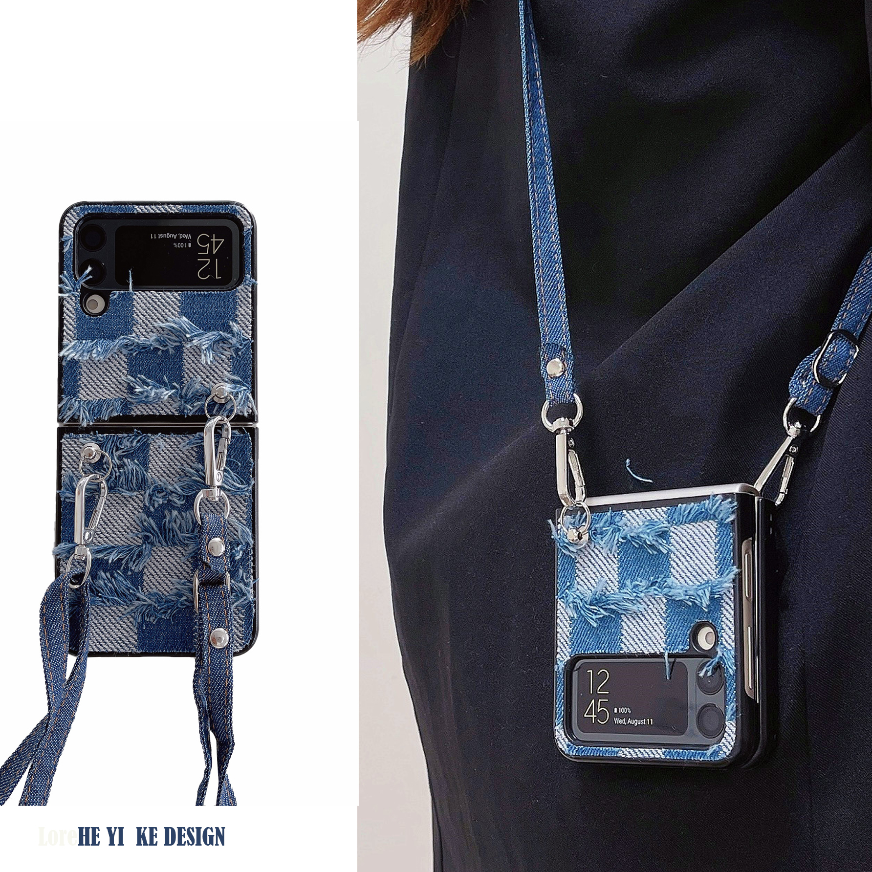 潮牌华为P50 Pocket2 三星zflip5 findn3flip牛仔斜挎折叠手机壳