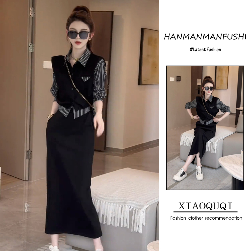 2024年秋季韩系时尚潮流百搭精品女装假两件拼接衬衫半身裙两件套