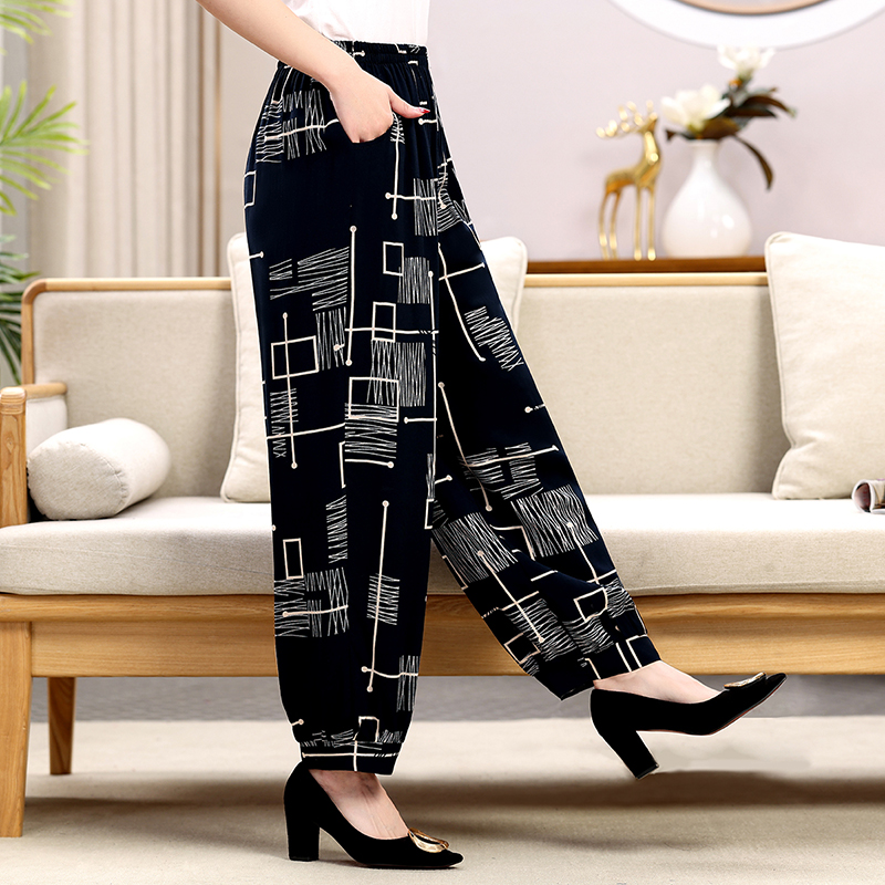 时尚女裤夏季新款阔腿灯笼裤棉绸高腰大码休闲长裤民族风广场舞裤