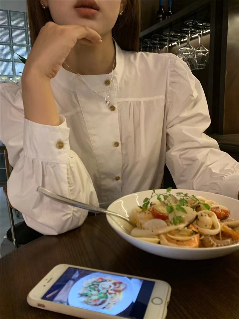 韩版法式复古小立领纯色简约百搭长袖小众白衬衫长袖白色