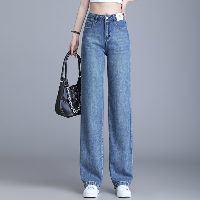 正品2025春秋新款阔腿牛仔裤女显瘦复古百搭高腰窄版宽松直筒长裤