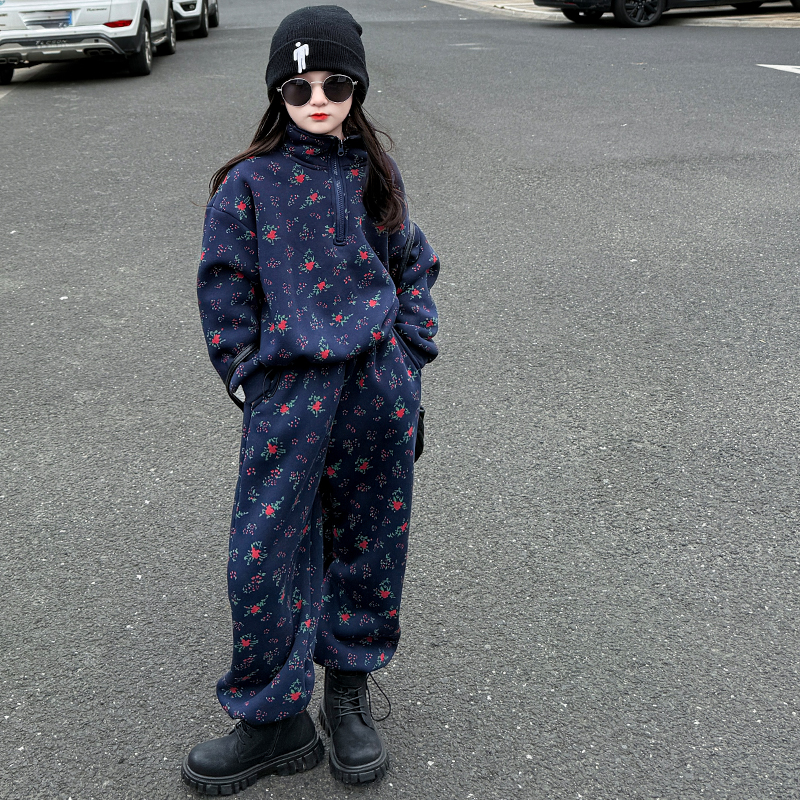 女童冬季加绒卫衣套装2025秋冬新款休闲长裤两件套一体绒保暖冬装