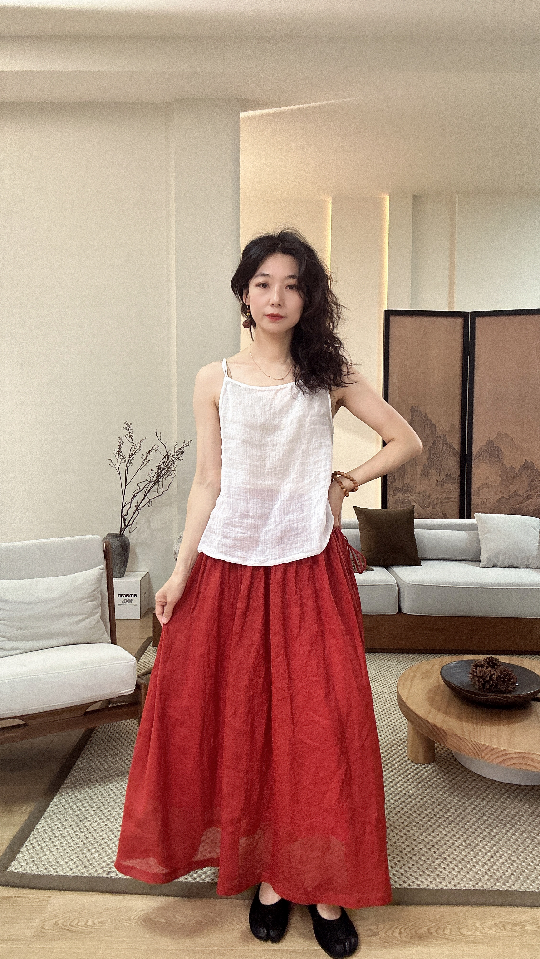 春夏季纯色苎麻双层女装新中式文艺风百搭仙女飘逸宽松透气半身裙