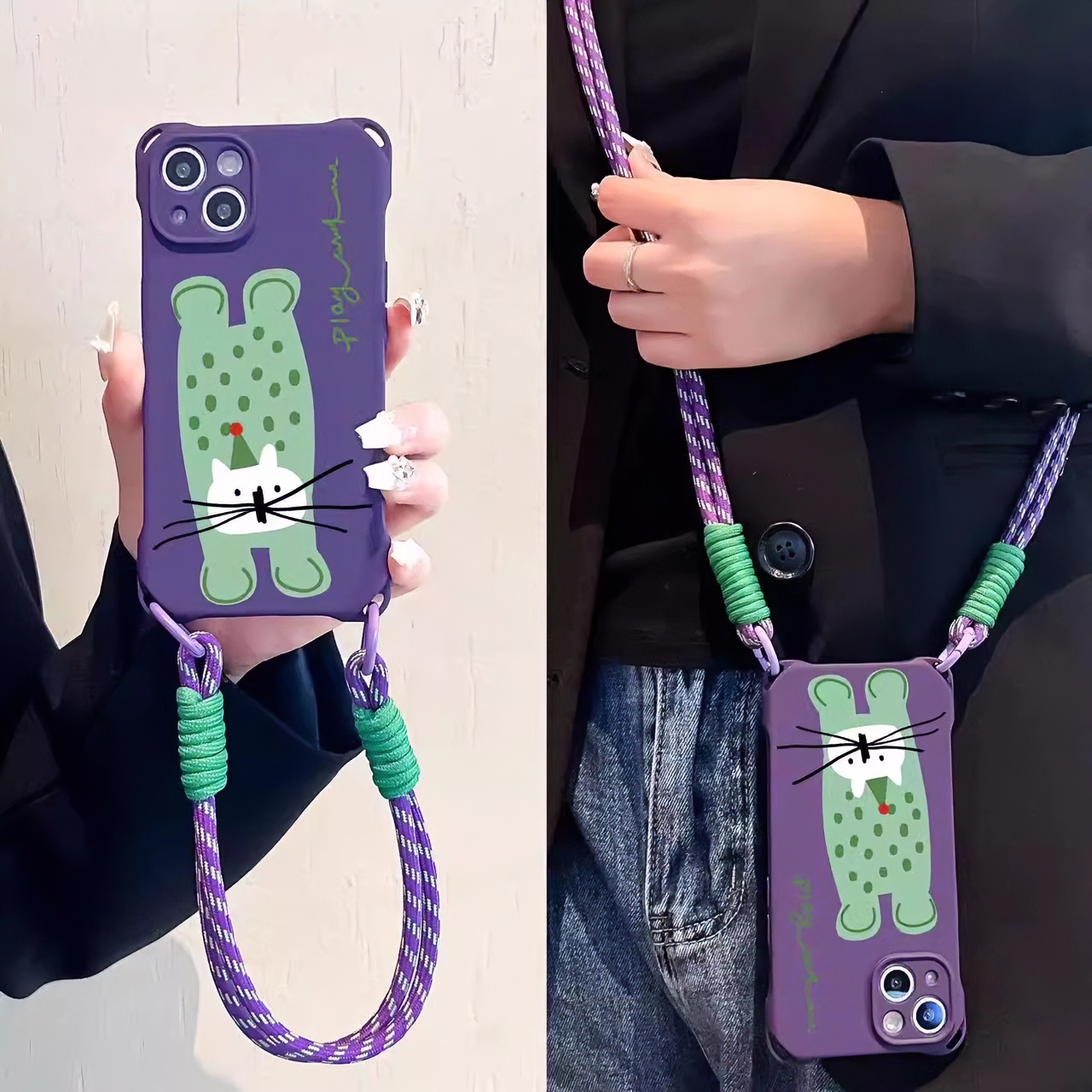 四角紫色创意绿猫苹果15手机壳iPhone14promax斜挎13pro手提15Pro
