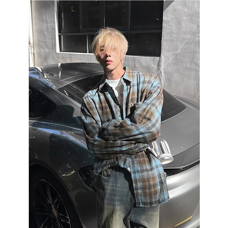 脏脏扎染格子衬衫男春季美式复古情侣衬衣cleanfit松弛慵懒风上衣