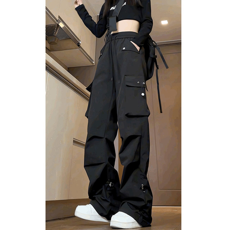 美式休闲裤子男款秋季黑色多口袋工装裤美式机能宽松直筒褶皱长裤