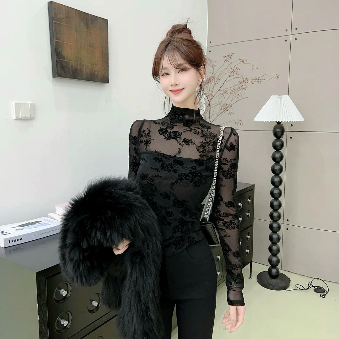 加绒纯欲性感网纱蕾丝刺绣半高领长袖打底衫收腰显瘦辣妹设计潮