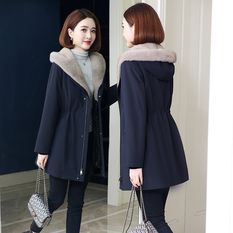 派克服女水貂毛内胆海宁冬新整貂领中长款皮草大衣尼克服中年外套