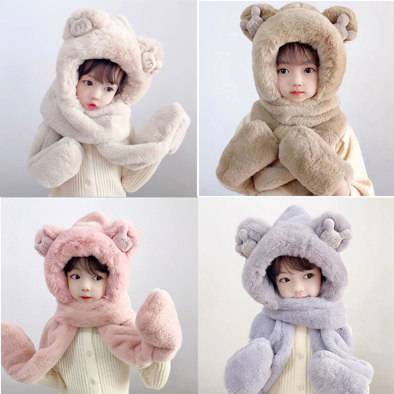 宝宝可爱小熊帽子冬季围巾手套一体帽男女童萌加绒护耳防风儿童帽
