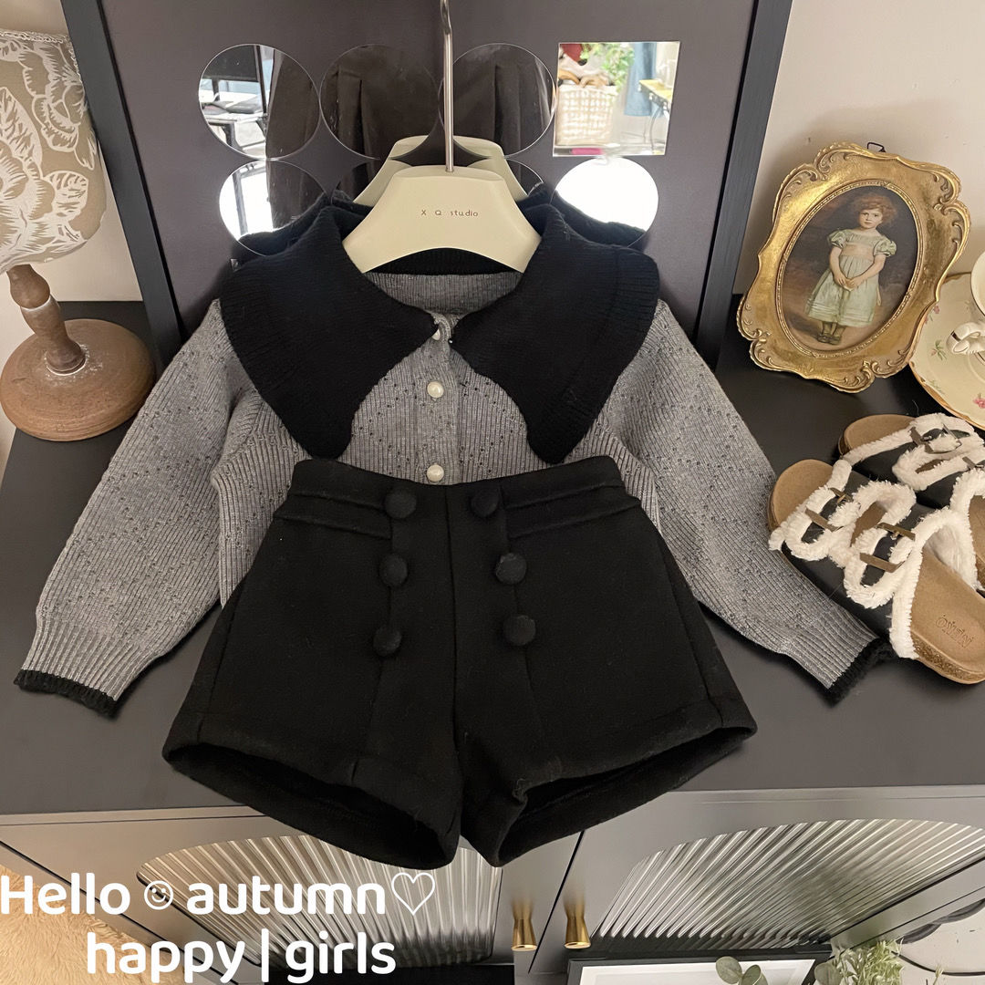 女童秋冬新款女宝宝洋气超萌针织开衫毛衣妮妮短裤两件套小香风