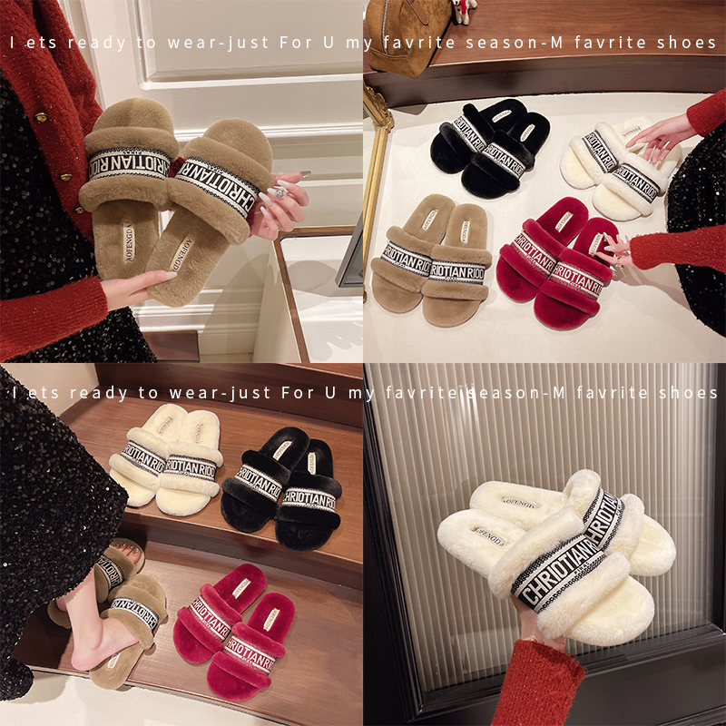 12秋冬季刺绣毛毛拖鞋女ins潮2025年新款平底室内居家一字棉拖