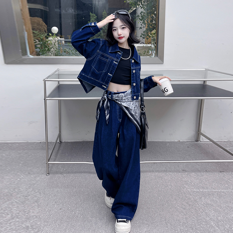 女童套装2024春秋季洋气中大童牛仔外套直筒裤两件套儿童休闲上衣