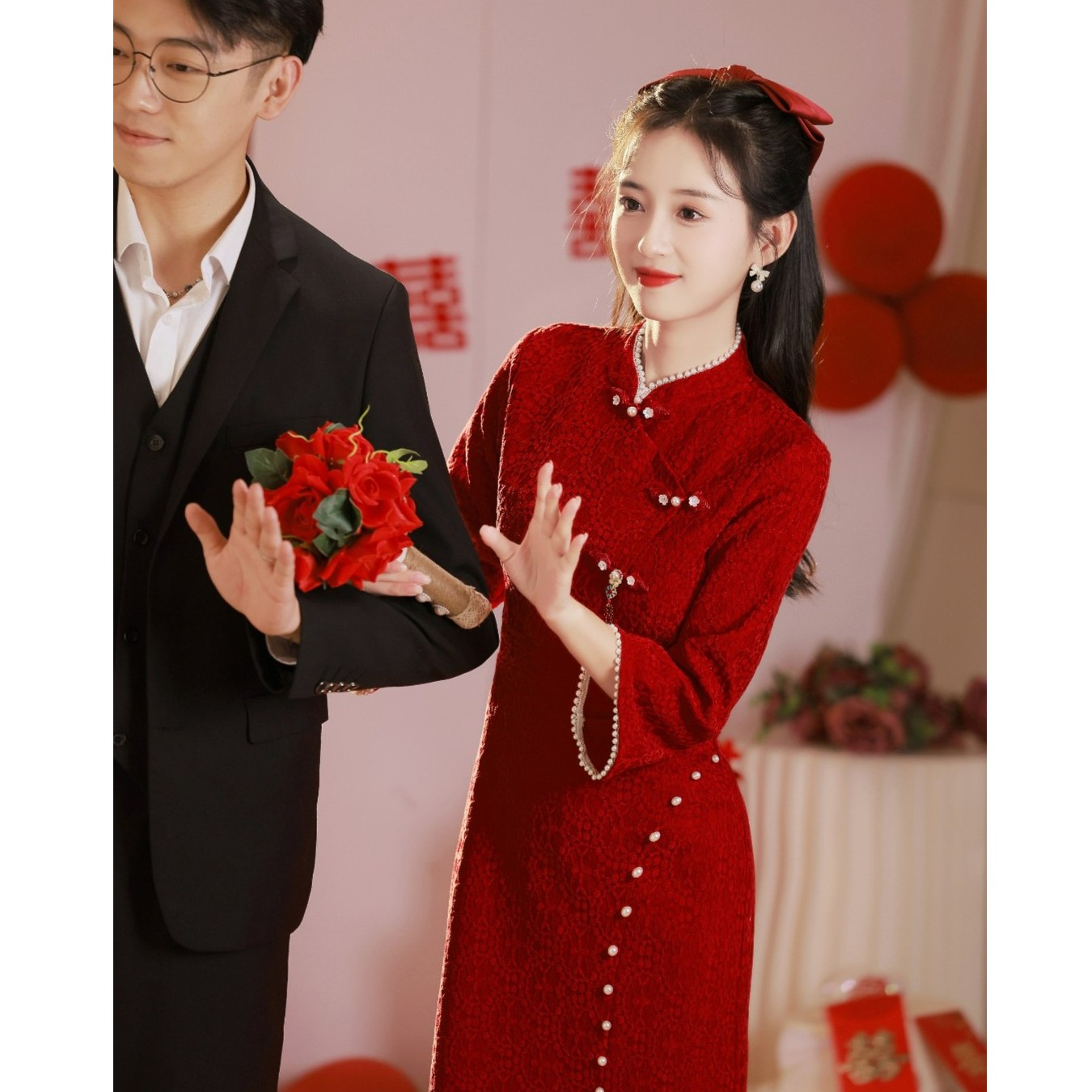 旗袍敬酒服新娘冬季结婚酒红色长袖中式订婚礼服女春季改良年轻款