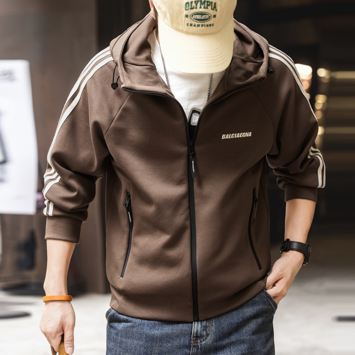 格蓝鹿美式潮牌休闲开衫卫衣男春季新款宽松大码条纹连帽夹克外套