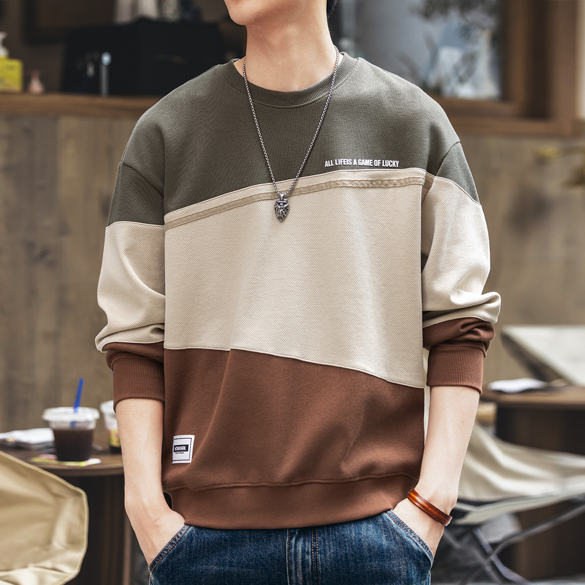 格蓝鹿高端美式重磅撞色拼接男士卫衣秋季新款宽松潮牌长袖打底衫