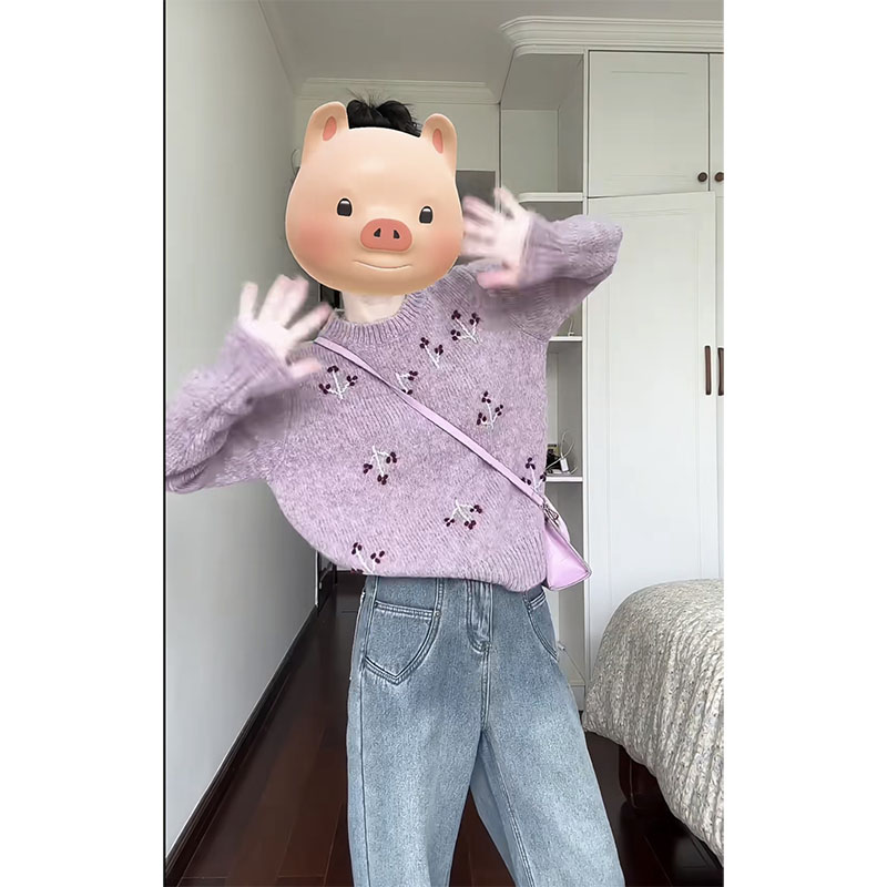 2025韩系穿搭秋冬百搭减龄针织套头毛衣高腰休闲宽松阔腿牛仔裤女