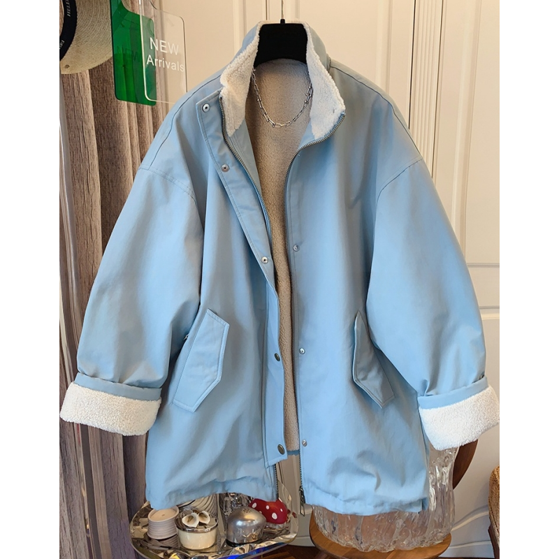 超好看工装风毛绒绒棉服棉衣宽松大衣中长款厚外套女2024冬季新款