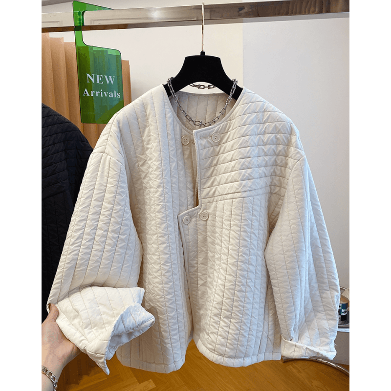 圆领绗缝轻薄棉服女冬季2024新款宽松休闲不规则门襟夹棉外套上衣