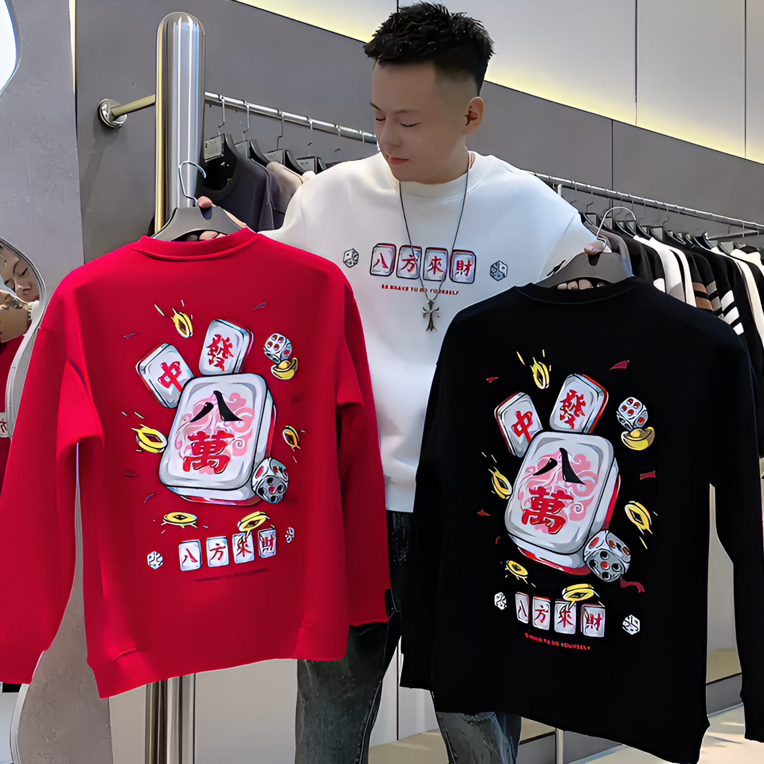 2026新款中国风麻将印花八方来财圆领卫衣男潮流修身百搭休闲加绒