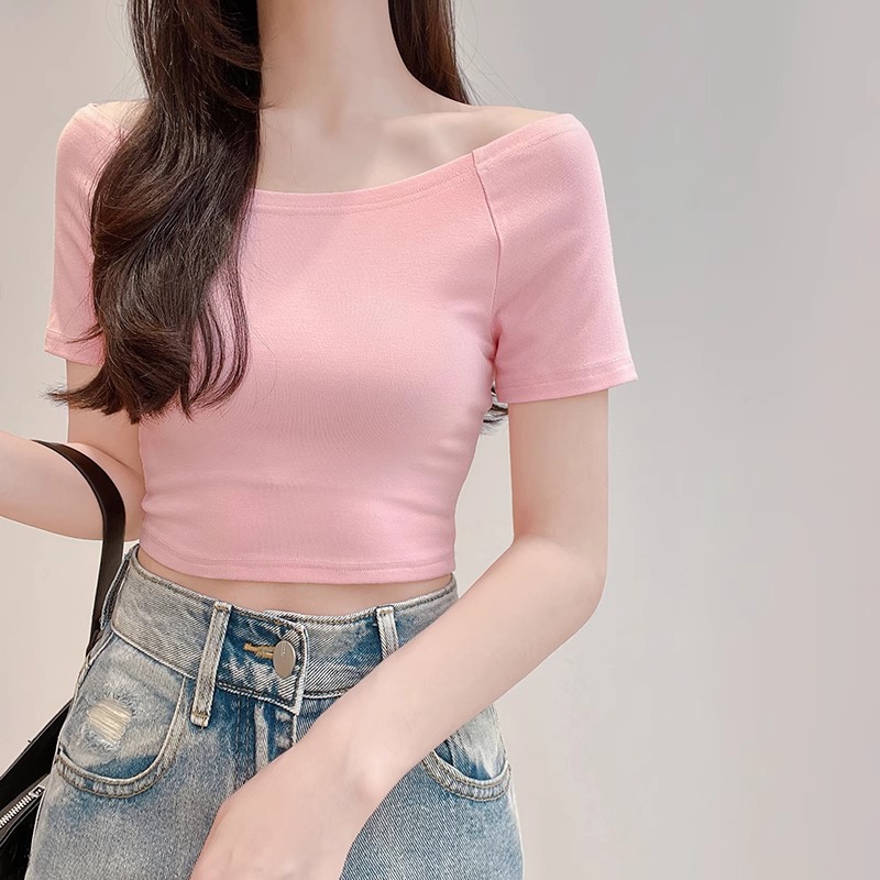粉色一字肩短袖t恤女2025夏季短款辣妹修身内搭高腰露脐体恤上衣