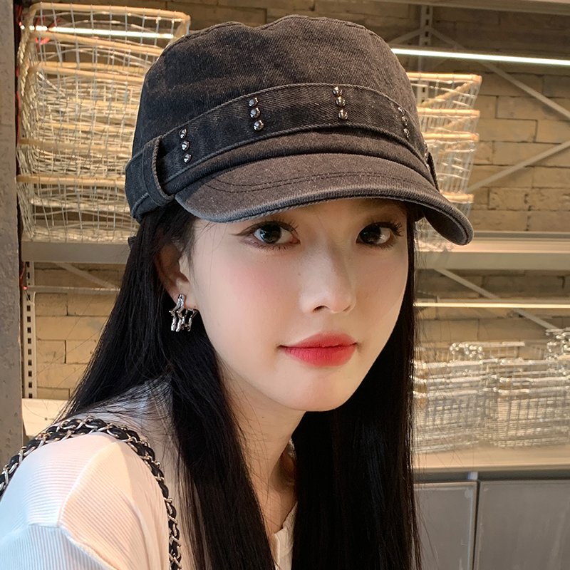 韩系复古牛仔平顶贝雷帽女春秋大头围显脸小鸭舌帽做旧水洗帽子潮