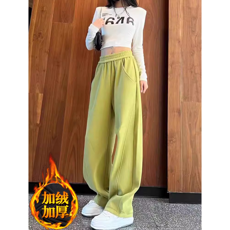 芊芊芙加绒加厚弯刀香蕉裤女2025春秋新款直筒窄版阔腿休闲卫裤子