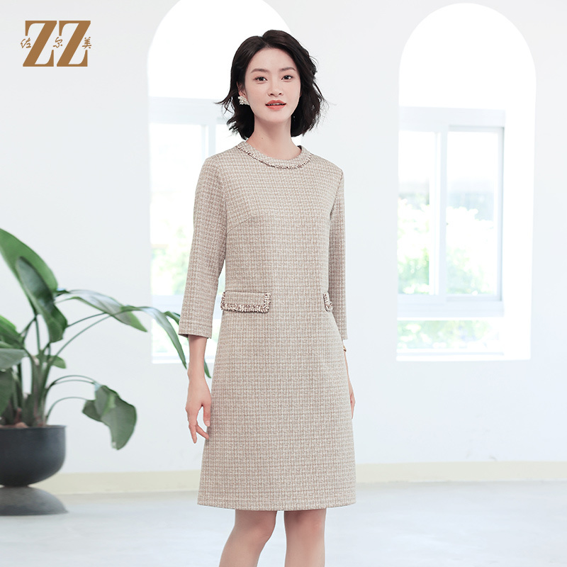 佐尔美秋季新款 优雅气质格纹圆领连衣裙女E33LL06