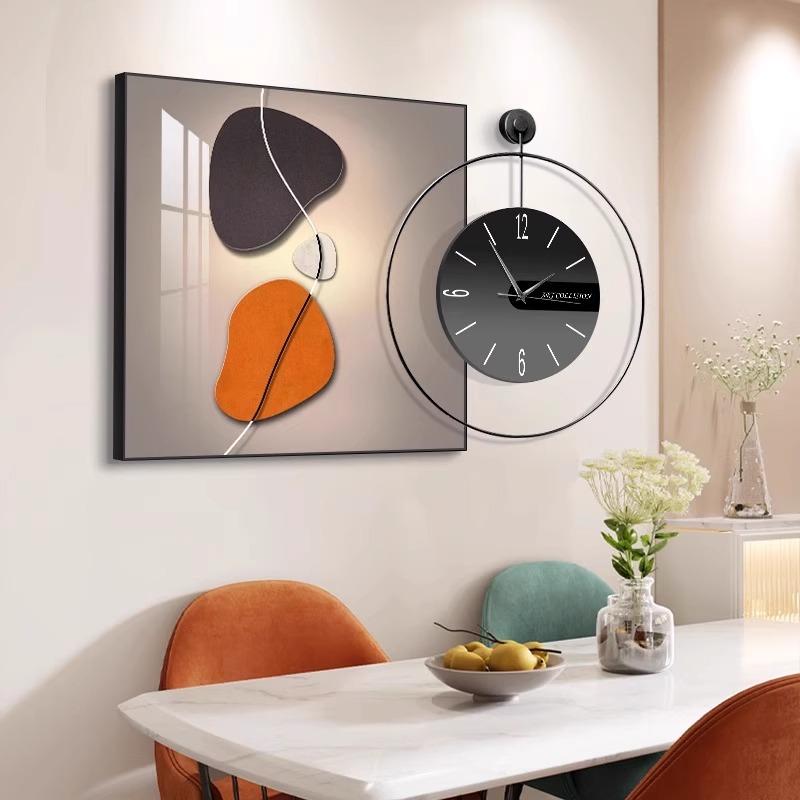 现代轻奢餐厅装饰画带时钟饭厅餐桌背景墙壁画静音钟表挂画客厅