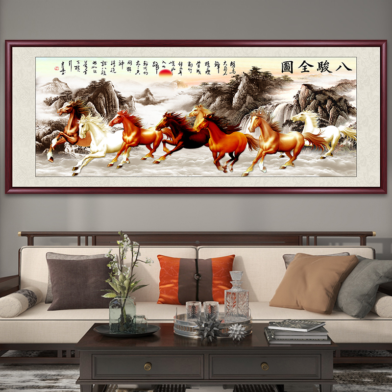八骏图国画装饰画背景墙山水画八匹骏马中式客厅办公室挂画风景画
