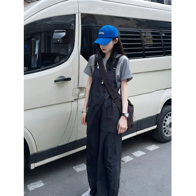 KSKM卡盛黑色工装背带裤女2025夏季美式复古小个子显瘦休闲直筒裤