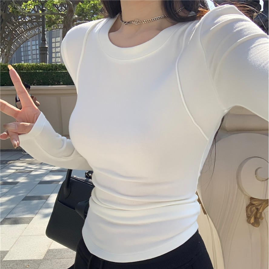 2026秋设计感正肩长袖T恤女小众拼接软糯打底衫修身白色圆领上衣