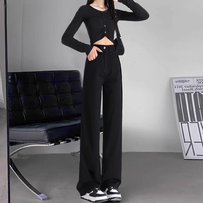 黑色窄版阔腿牛仔裤女秋冬季2025新款高腰遮胯显瘦小个子加绒直筒