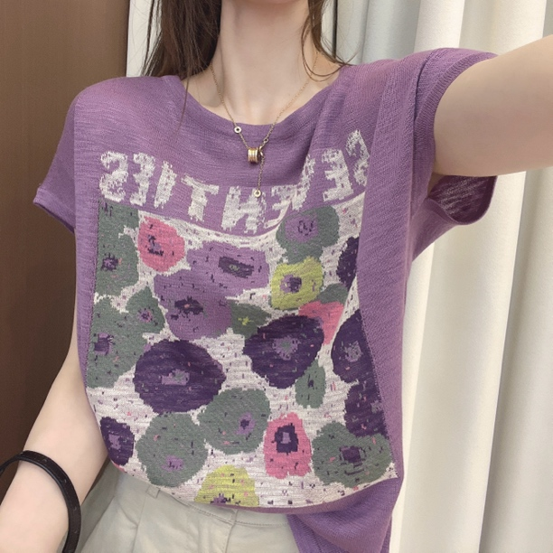 新款百搭宽松显瘦短袖T恤女时尚字母花朵小飞袖针织打底衫上衣