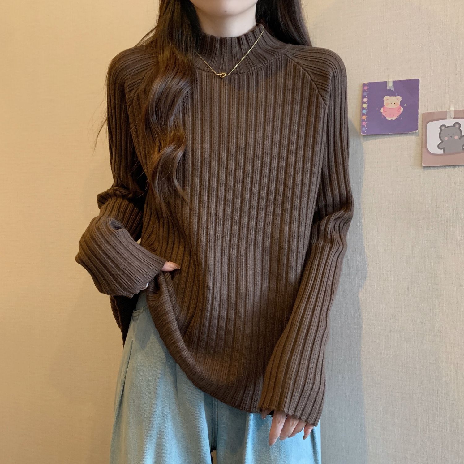 纯色半高领长袖针织衫女秋冬外穿微胖遮肚百搭毛衣显瘦打底上衣