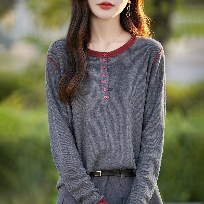 高级感圆领撞色针织衫秋冬百搭拼色上衣宽松显瘦毛衣洋气打底衫