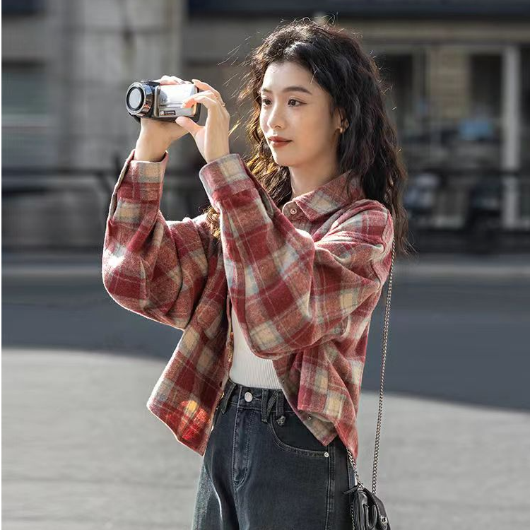 复古磨毛宽松格子早春新款小个子短款春秋春季长袖外套衬衫衬衣