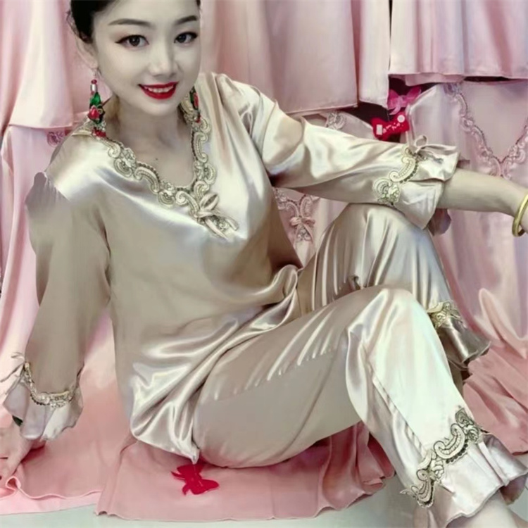 睡衣女秋季长袖冰丝薄款网红款春秋仿真丝绸家居服荷叶边两件套装