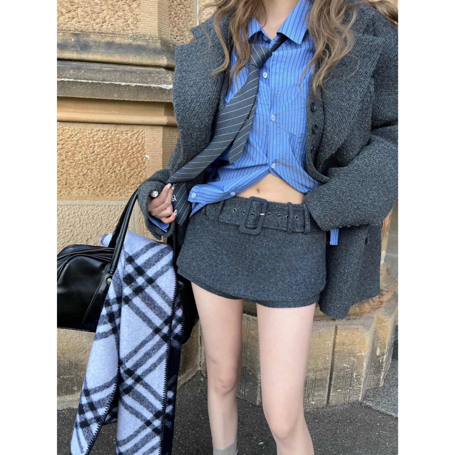 “毛毡裙裤”针织毛呢短款辣妹裙裤时尚气质复古休闲半身裙女