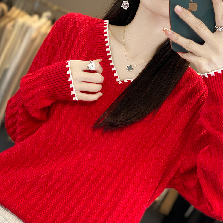 【80-180斤】V领拼色针织衫毛衣女秋冬时尚宽松遮肚坑条上衣打底衫