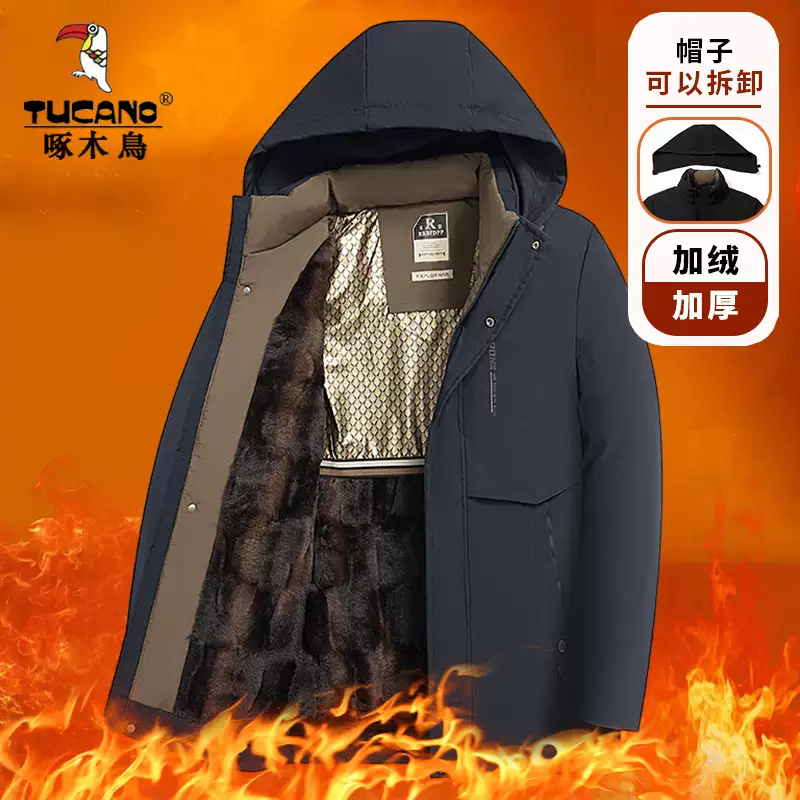 啄木鸟加绒加厚男士棉服男款冬季新款中年爸爸保暖棉袄防寒服棉衣