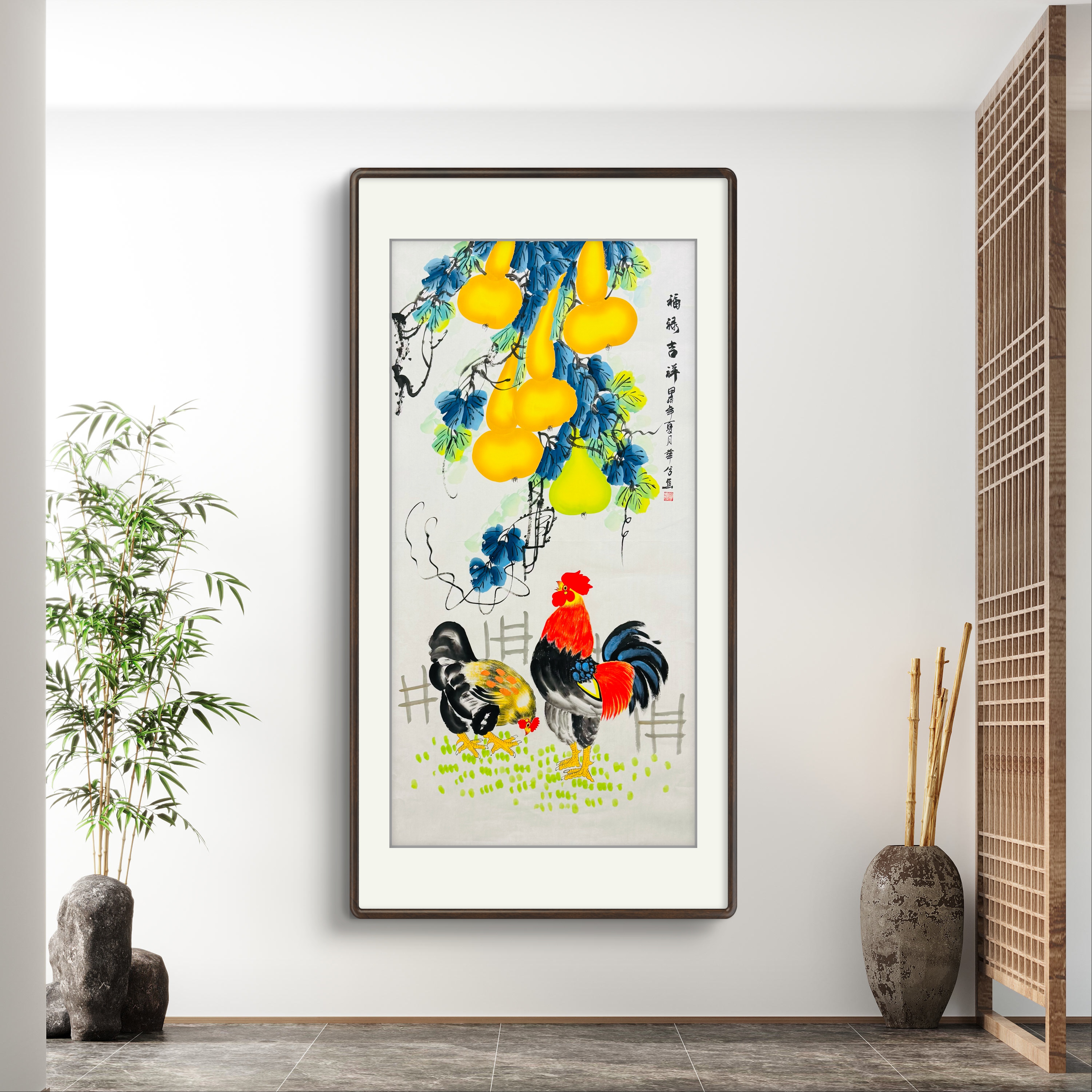 《福禄吉祥》毛华兮老师纯手绘四尺葫芦大公鸡玄关走廊挂画文玩探宝