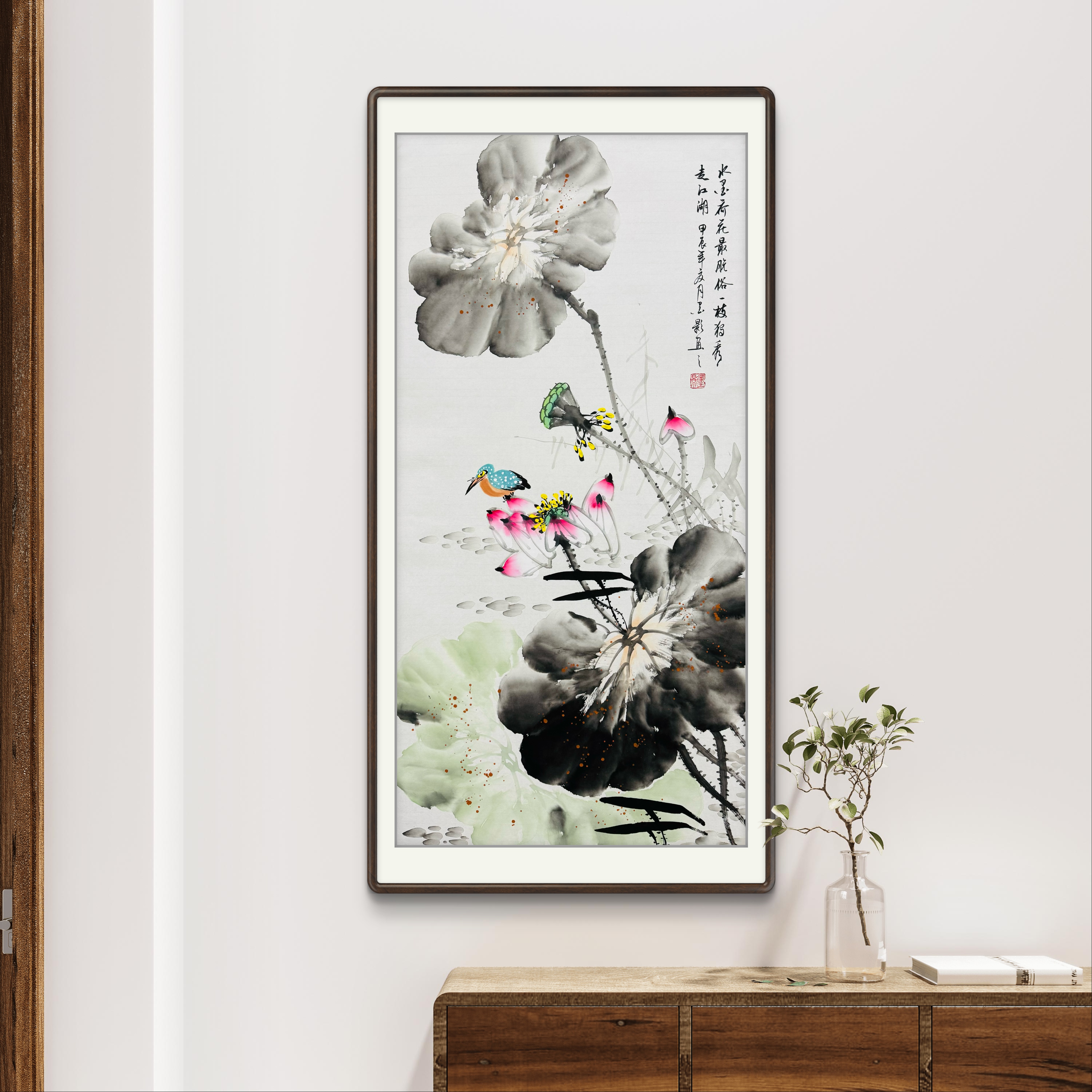 《和气满堂》纯手绘三尺竖幅荷花玄关茶室挂画作品文玩探宝