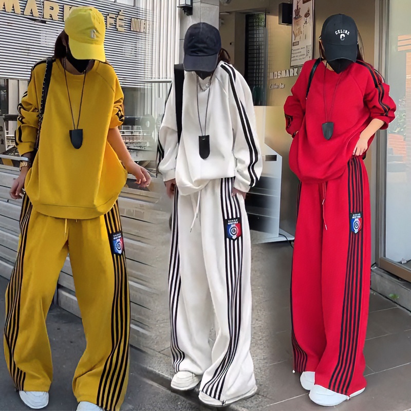 2024秋冬时尚宽松圆领长袖卫衣松紧腰阔腿卫裤休闲运动套装两件套