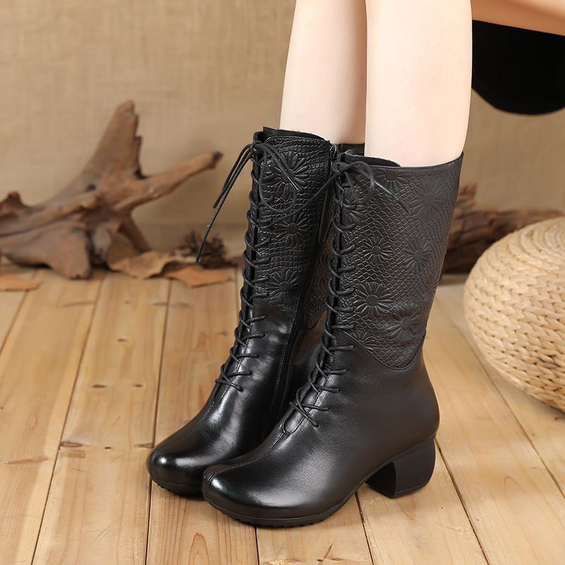 秋冬中长高筒靴马丁棉鞋妈妈休闲靴软底文艺真皮跳舞手工时尚女靴