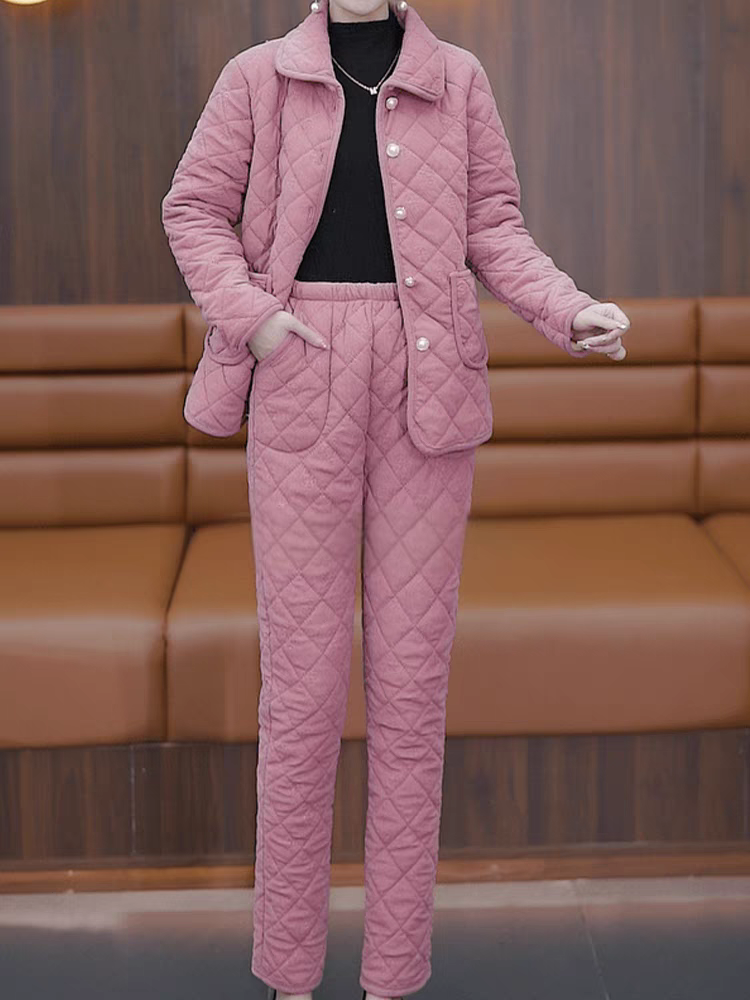 妈妈冬季新款加绒加厚棉衣棉裤两件套时尚显瘦女装保暖棉衣套装