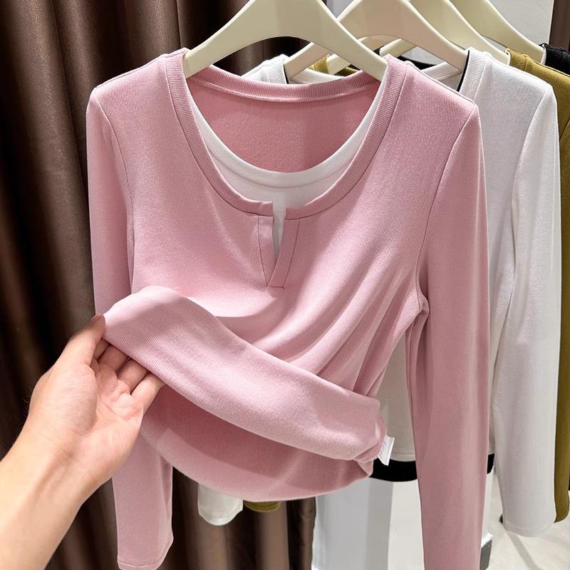 粉色假两件拼接长袖T恤女春季新款设计感V领撞色修身显瘦内搭上衣