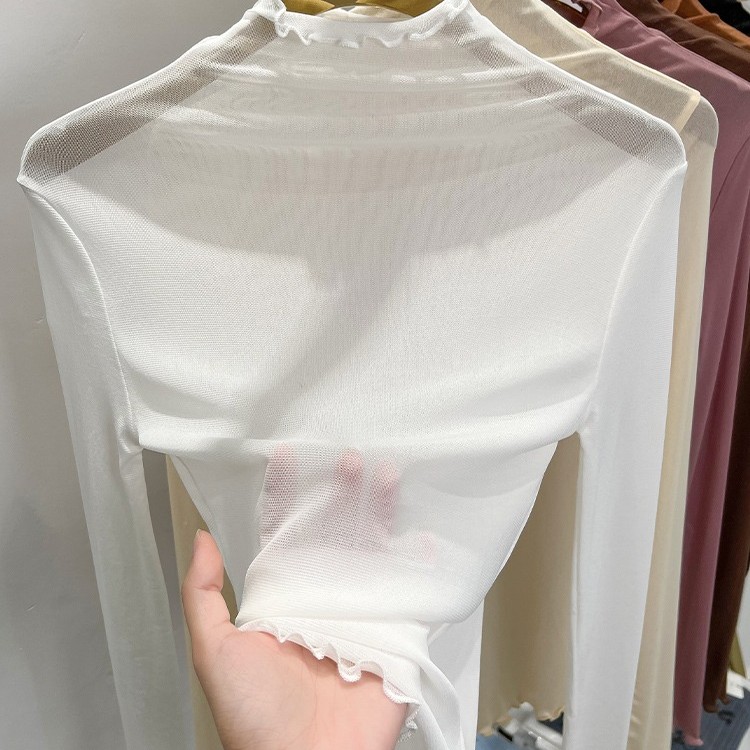 白色蕾丝打底衫女爆款洋气高领薄款长袖t恤纱衣透明内搭网纱上衣