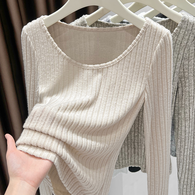 简约圆领磨毛坑条软糯长袖针织T恤衫杏色短款上衣女秋季2025新款